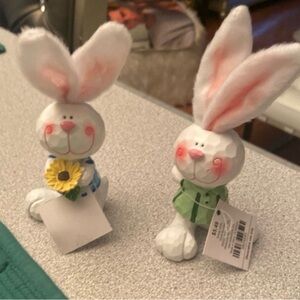 Pair of White Bunny Figurines with Pink Ears and Pastel Outfits